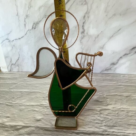 Elegant Green & Gold Stained Glass Angel Figurine Playing Harp - Picture 6 of 6